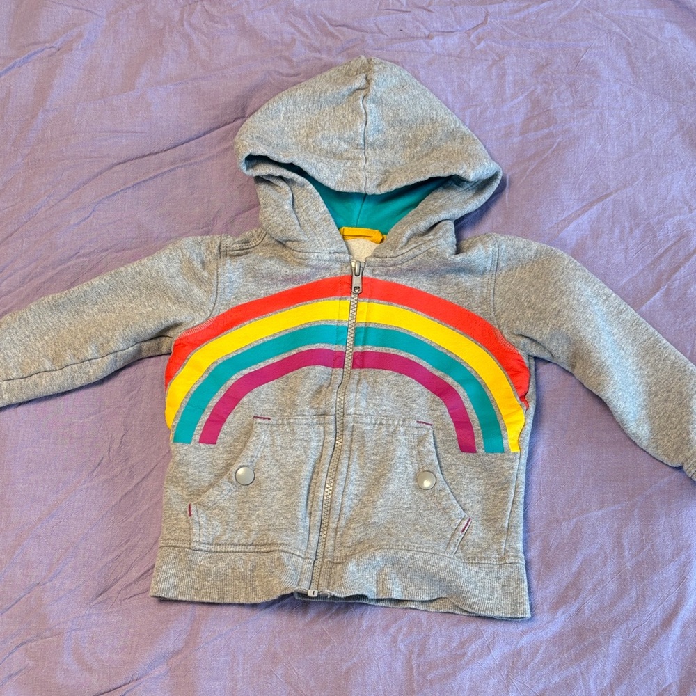 Mightly 3T rainbow zip up hoodie on gray good used condition. Organic cotton